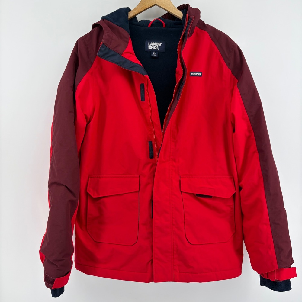 Lands‎ End Mens XL Red Burgundy Fleece Lined Hooded Squall Winter Jacket Parka